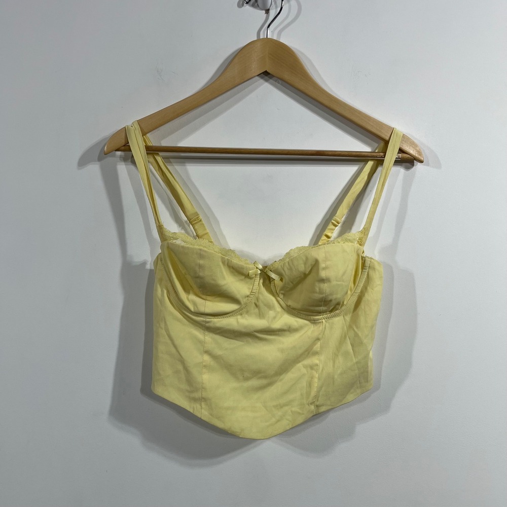 Garage Y2K Renfair Butter Yellow Corset Crop Top Lace Trim Smocked Back Small